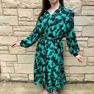 Vintage 1980s Green Abstract Floral Dress